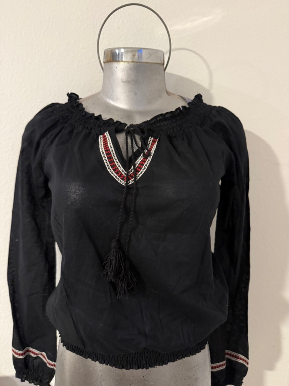 Miley Cyrus & Max Azria Black Peasant Top with Red & White Embroidery